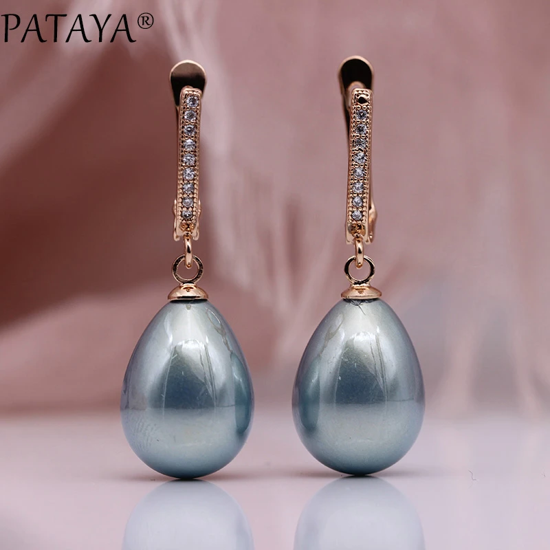 PATAYA New 328 Anniversary 585 Rose Gold Water Drop Shell Pearls Long Earrings White Natural Zircon Women Simple Fashion Jewelry