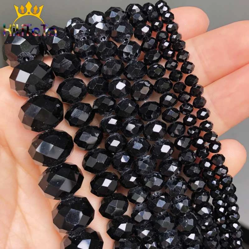 Faceted Black Glass Crystal Rondelle Beads Loose Spacer Beads For Jewelry Making DIY Bracelet Necklace Strands 4/6/8/10/12/14mm