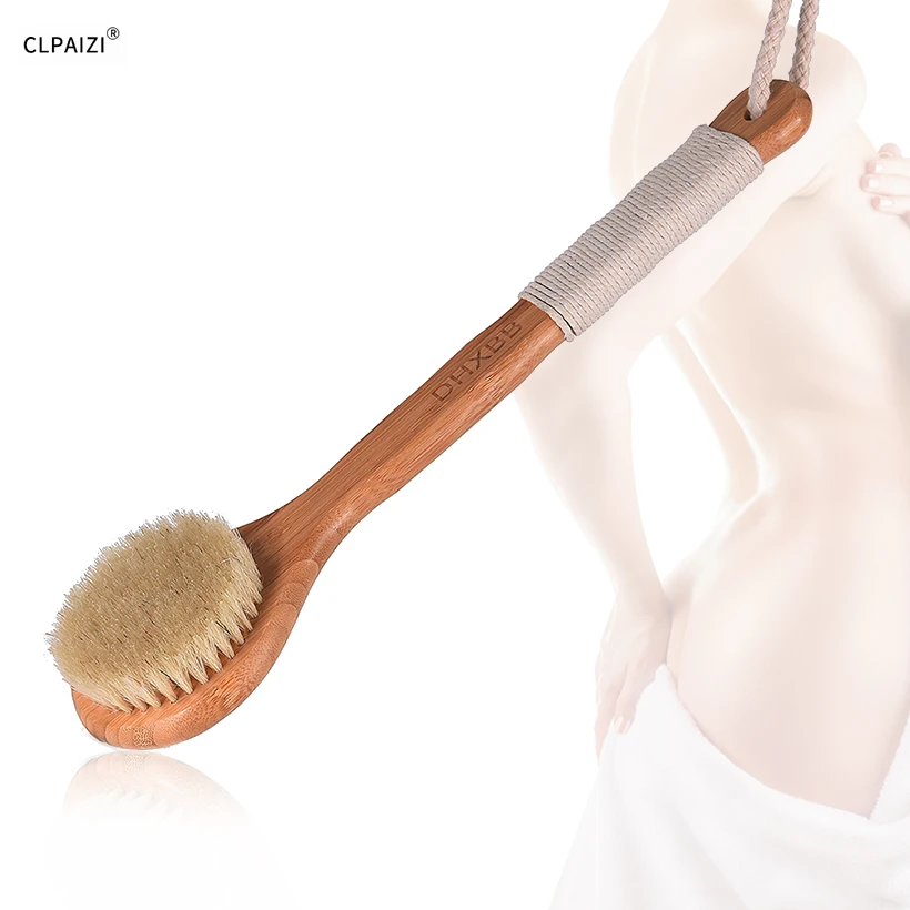 CLPAIZI Wooden Long Handle Bath Brushes Natural Bristle Fiber Bath Brush Exfoliating Blood Circulation Body Shower Brush D30