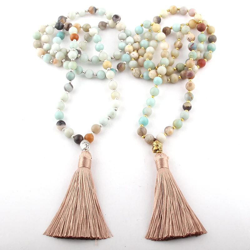 Fashion Bohemian Tribal Beige Tassel Yoga Jewelry Amazonite Stone Buddha Necklace For Women Lariat Necklaces