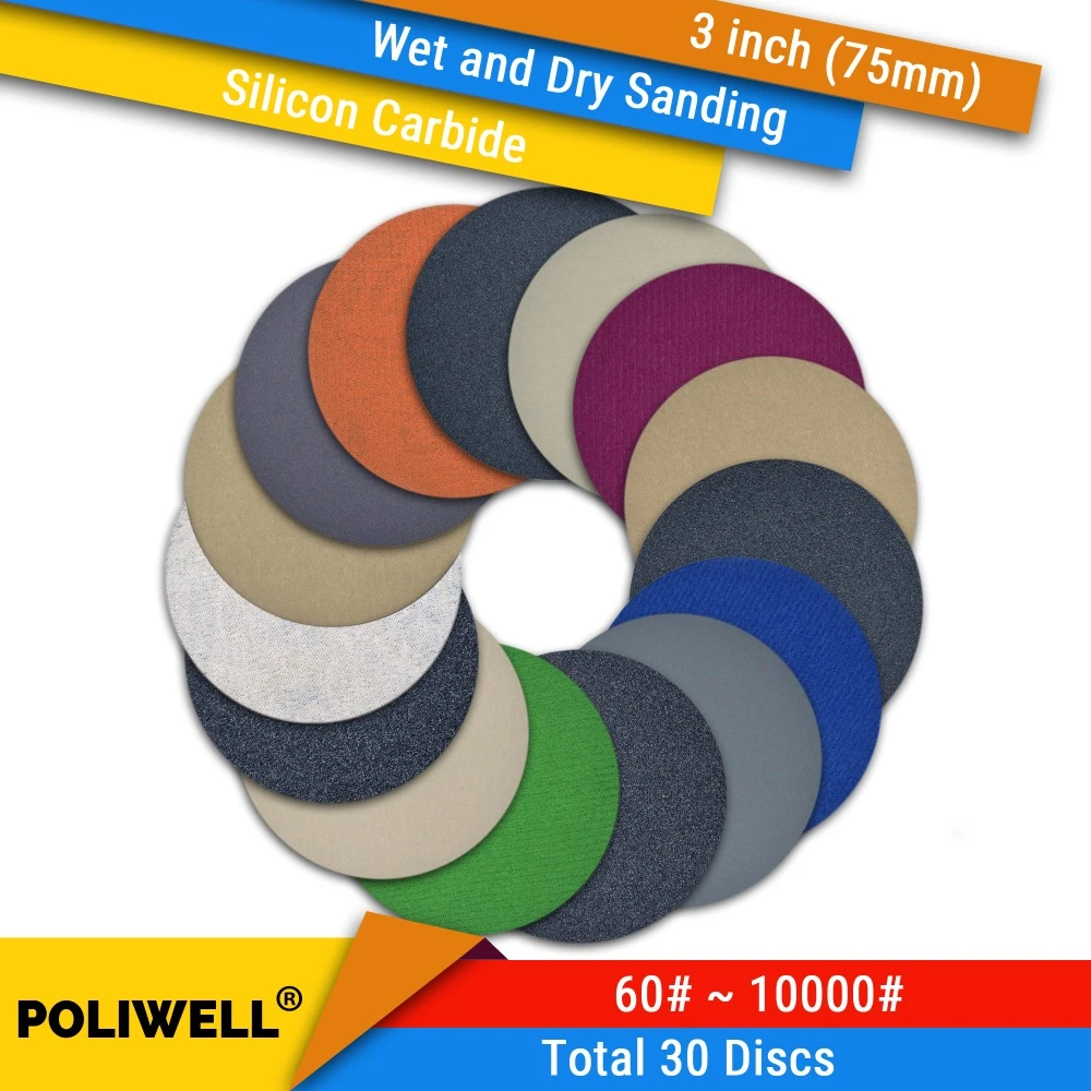 30PCS 3 Inch(75mm) Silicon Carbide Hook&Loop Flocking Waterproof Sanding Discs for Wet/Dry Sanding Round Abrasive Sandpaper