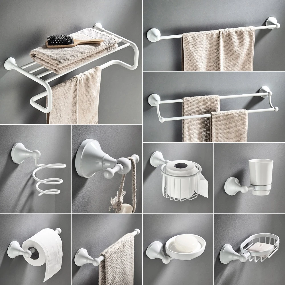 White Bathroom Hardware Accessories Set Brass Shower Soap Dish Hair Dry Holder Towel Rail Bar Robe Hook Toilet Brush Roll Holder