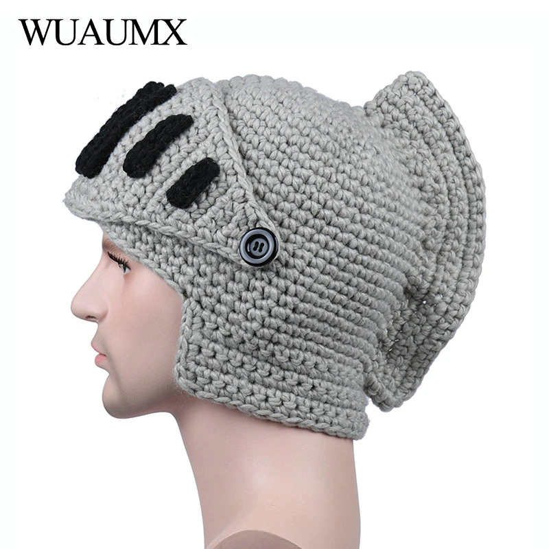 Wuaumx Novelty Roman Hat Winter Beanie Hats For Men Warm Mask Knight Helmet Knitted Cap Handmade Gladiator Mask Hat czapka zimow