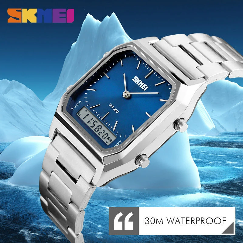 Fashion Dual Display Quartz Wristwatches Casual Watch Men Stainless Steel Strap 30M Water Resistant Sports Watches SKmei New
