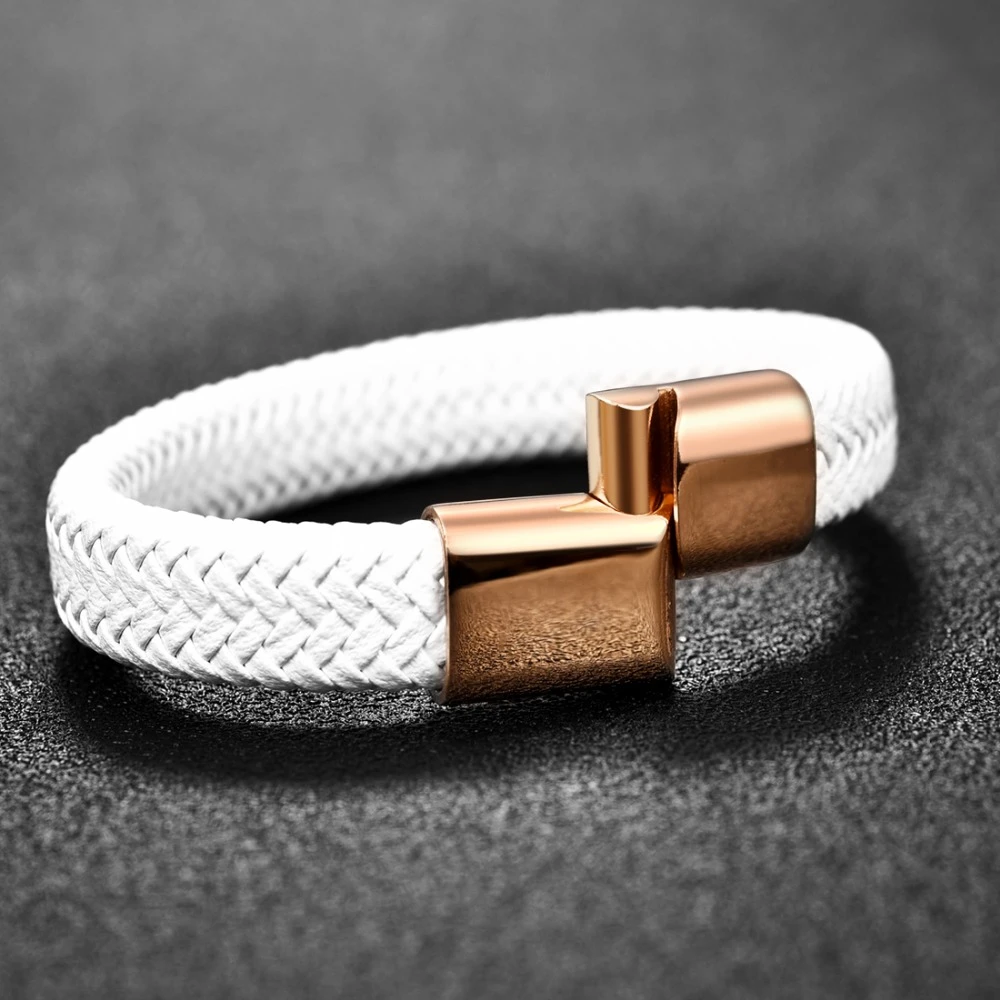 Jiayiqi 2020 Chic Braided Men Bracelet White Leather Bracelet Titanium Steel Clasp Male Jewelry Gold Rose Gold Silver Color