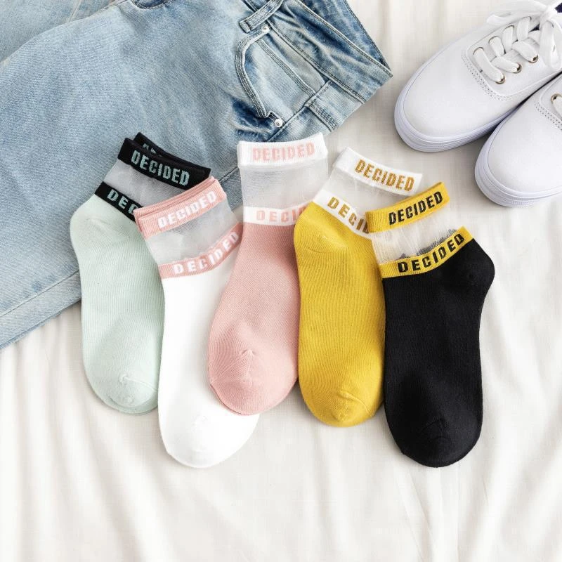 SP&CITY Summer Transparent Letter Patterned Socks Women Hollow Out Cotton Short Socks Thin Casual Ankle Socks Female Comfort Sox