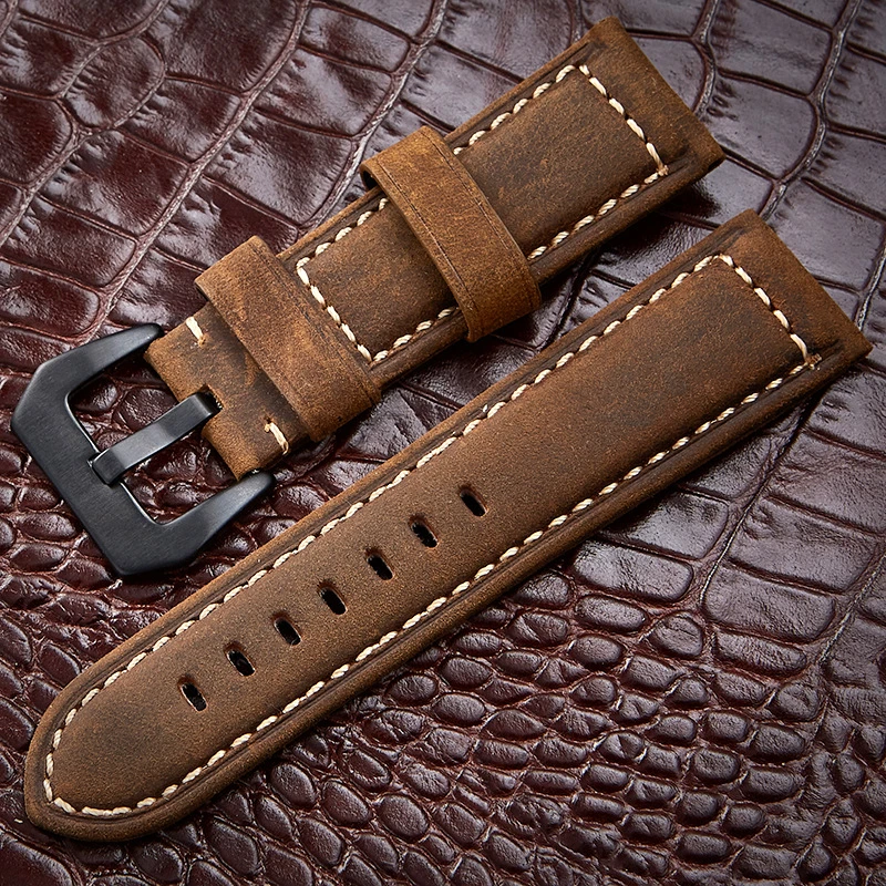 Handmade 4 Color Watch Accessories Vintage Genuine Crazy Horse Leather 20mm 22mm 24mm 26mm Watchband Watch Strap & Watch Band