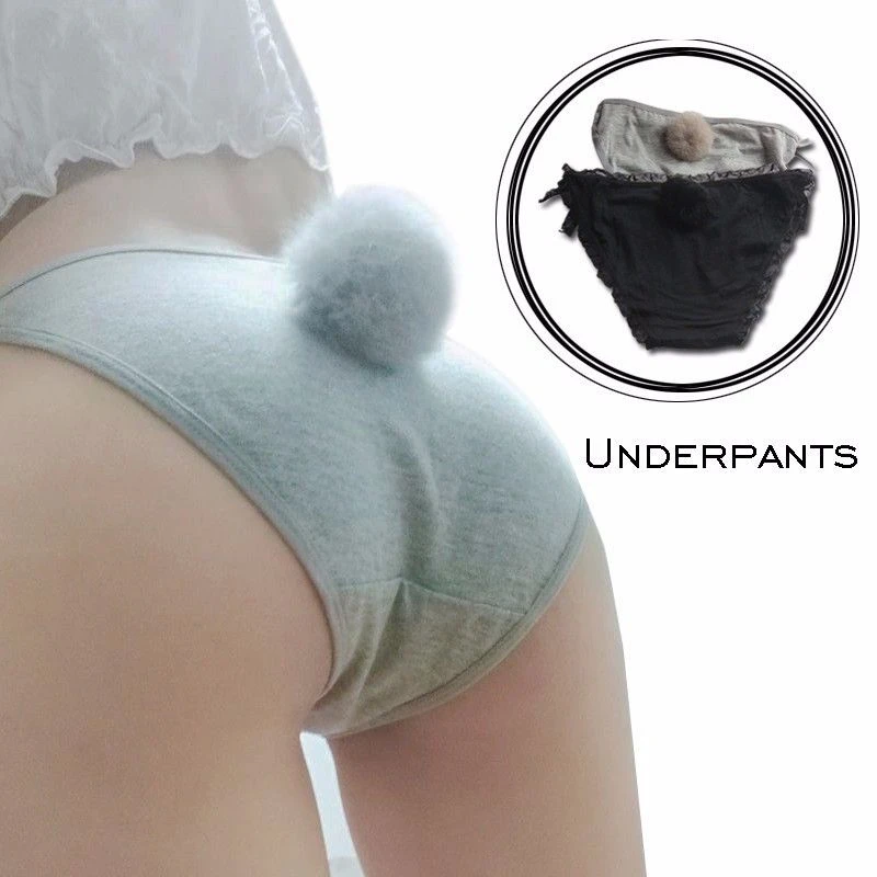 Women Sexy Side Tie Close Panties Cute Rabbit Tail Cotton Briefs Underwear