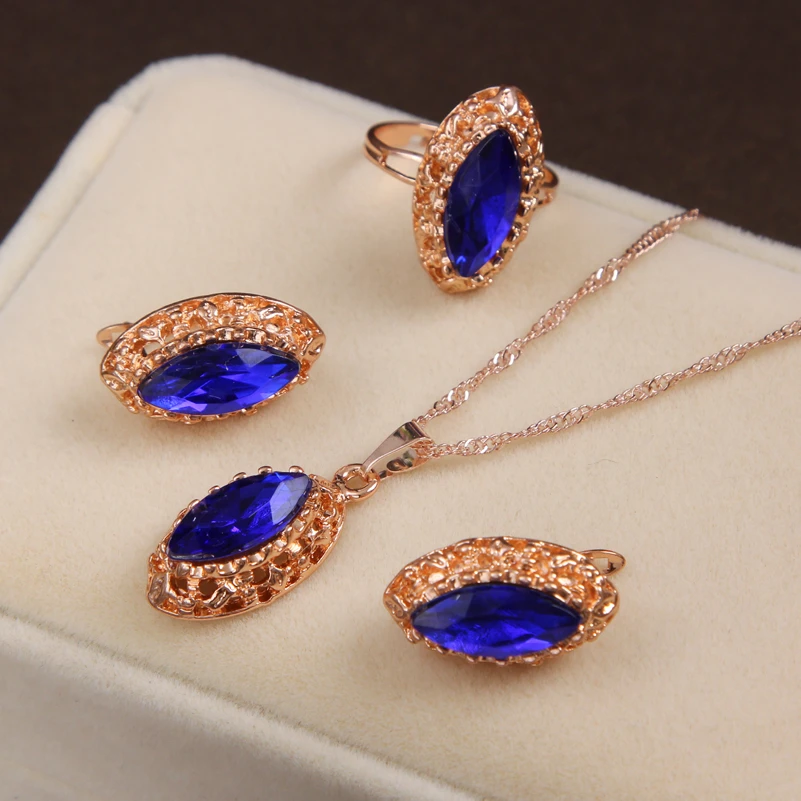 Fashion Gold Color Jewelry Sets Luxury Water Drop Pendant Necklace Earrings Ring Crystal Jewelry Sets Women Wedding Jewelry Set
