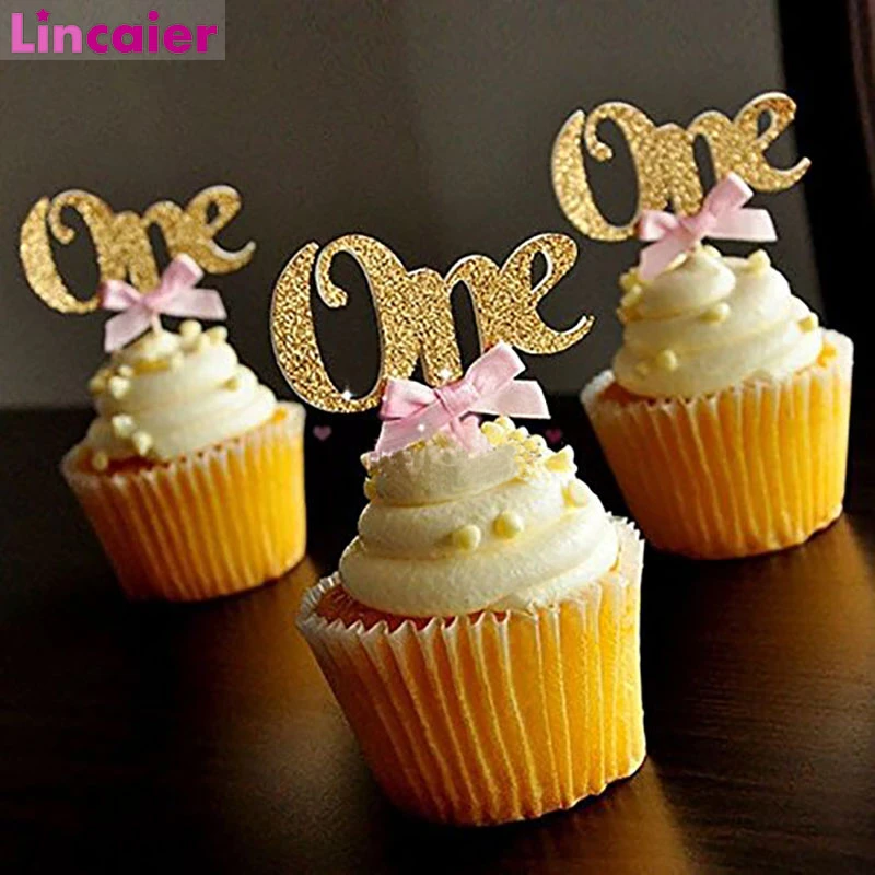 6Pcs Glitter Paper One Cake Topper Happy Birthday Cupcake Toppers Cake Decorating Supplies Baby Girl Boy 1st Birthday Decoration