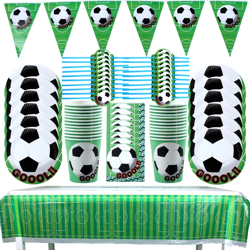 61pcs/lot Football Theme Birthday Party Tableware Set Napkin Cups Tablecloth Flag Straw Kids Favor Boys  Party Decoration
