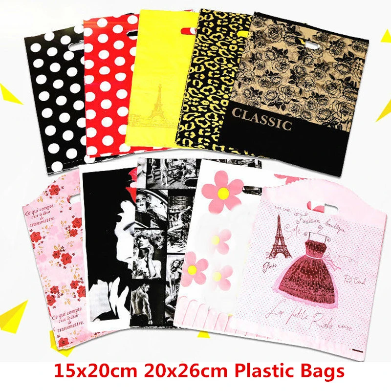 10pcs 15x20cm 20x26cm Plastic Bags Packaging Handle Party Supplies Big Plastic Bags Shops For Clothes Gift Bags With Handles Bag