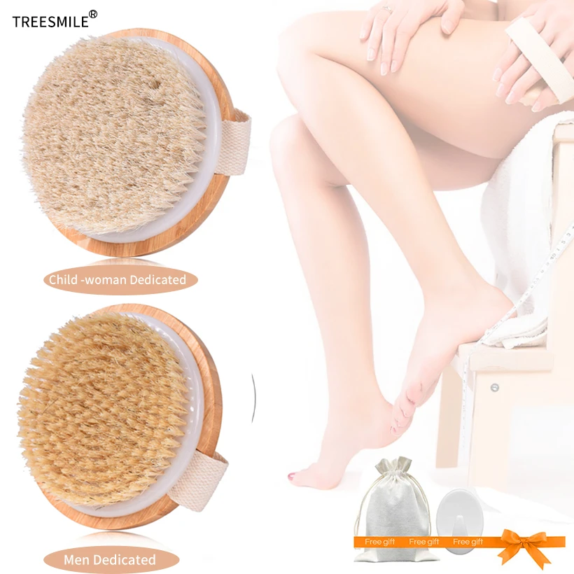 TREESMILE Natural Exfoliating Bristle Bath Brush Wooden Body Massage SPA Dry Brush - Bathes Brush Set Bathing Body Brush D40