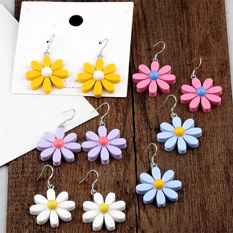 Korean Style Daisy Flower Drop Earrings Cute Acrylic Sunflower Earrings Dangle For Women Girls Lovely Summer Jewelry Brincos