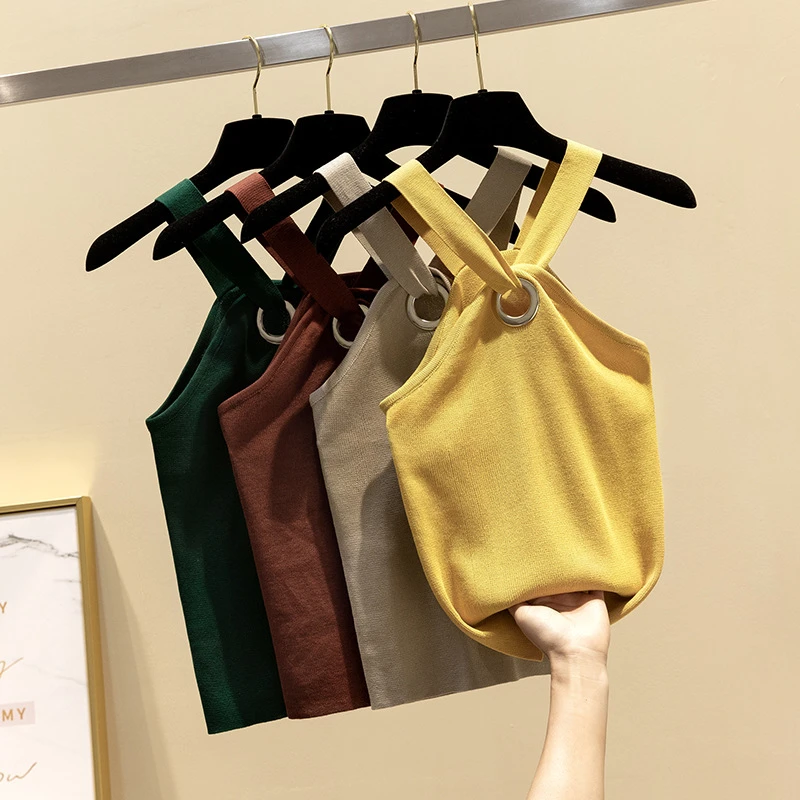 SINGRAIN Strap sleeveless halter tops cross sexy tank tops knit camis female 2019 summer sexy sleeveless Slim top camisole tops