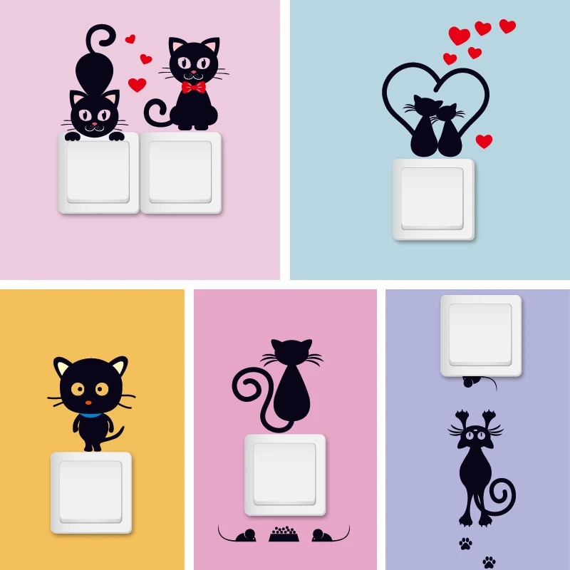 DIY Creative Black cat love Cartoon Removable Switch stickers PVC Wall Sticker Vinyl Decal Home Decor Decal Socket paste