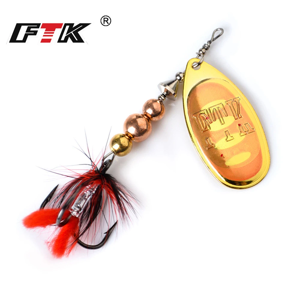 FTK 1pc Fishing Lure Spinner Bait 8 colors 12g 18g Wobblers Spoon Lures Pike Metal Bass Hard Bait With Feather Treble Hooks