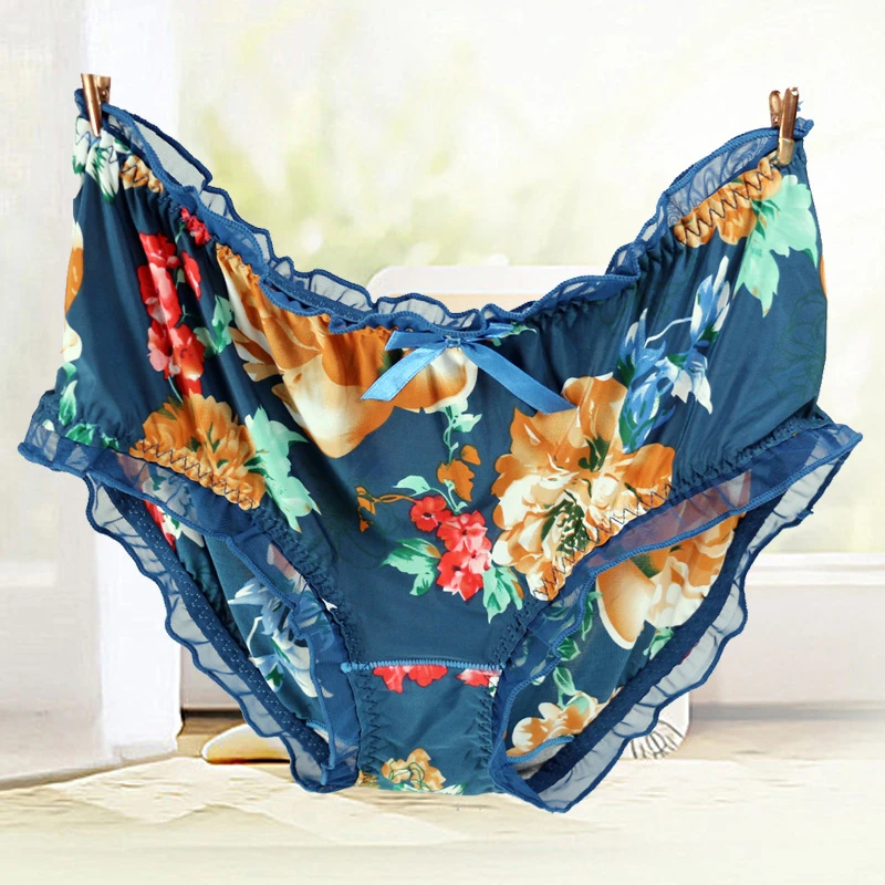 Women's Panties Large Sizes with Print Milk Silk Sexy Lace Flower Ruffle Bow Fashion Underwear Women Plus Size Cute Panties