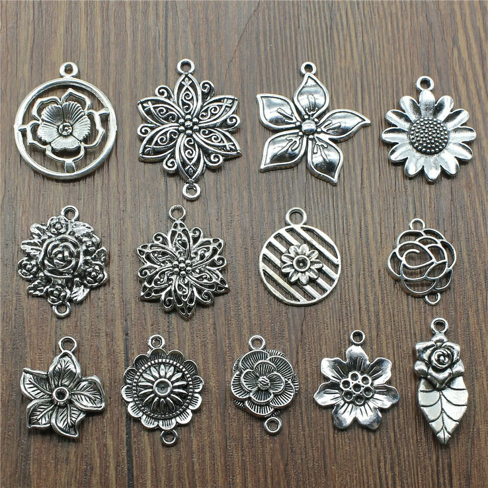 10pcs Charms Flower Antique Silver Color Flower Pendant Charms Flower Charms For Jewelry Making