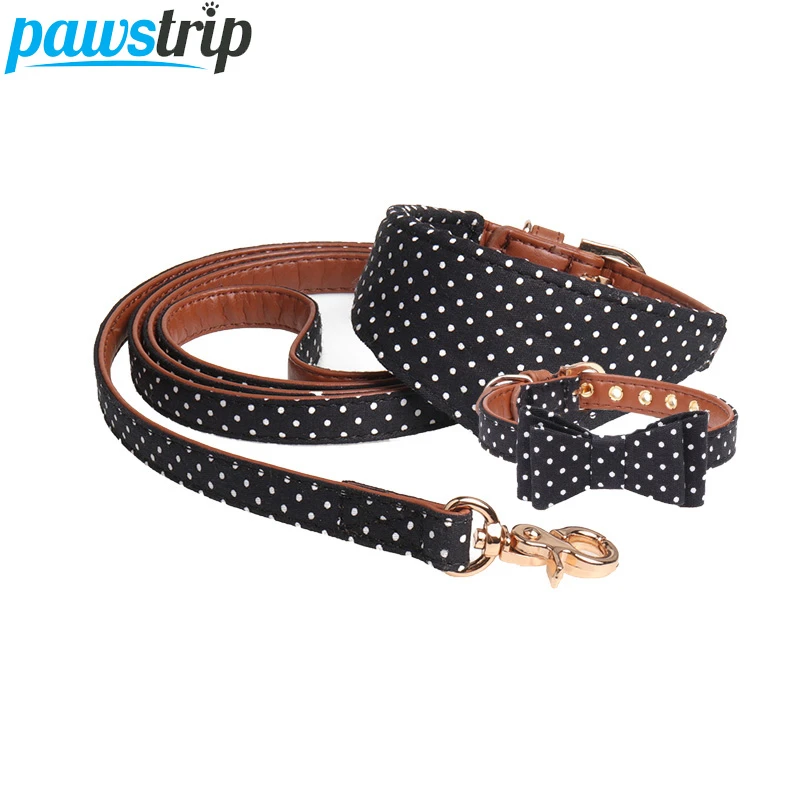 pawstrip 4 Colors Dot Small Dog Collar Bandana Soft Leather Dog Leash Cute Bow Cat Collar Pet Teacup Chihuahua Collar Leash Lead
