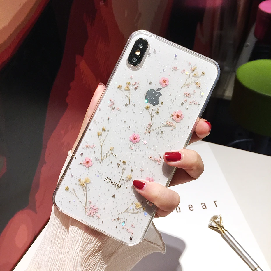 Qianliyao Glitter Dried Flower Phone Case For Samsung Galaxy S21 S20 FE S10 S9 S8 Plus Note 20 10 Pro Real Flowers Soft Cover