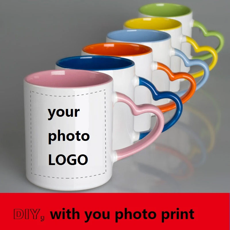 Ceramic Mug DIY Photo Heart Shape Handle Color Inside and Color Hand Cup Customized Pictures LOGO Name Text Creative Cut Gifts