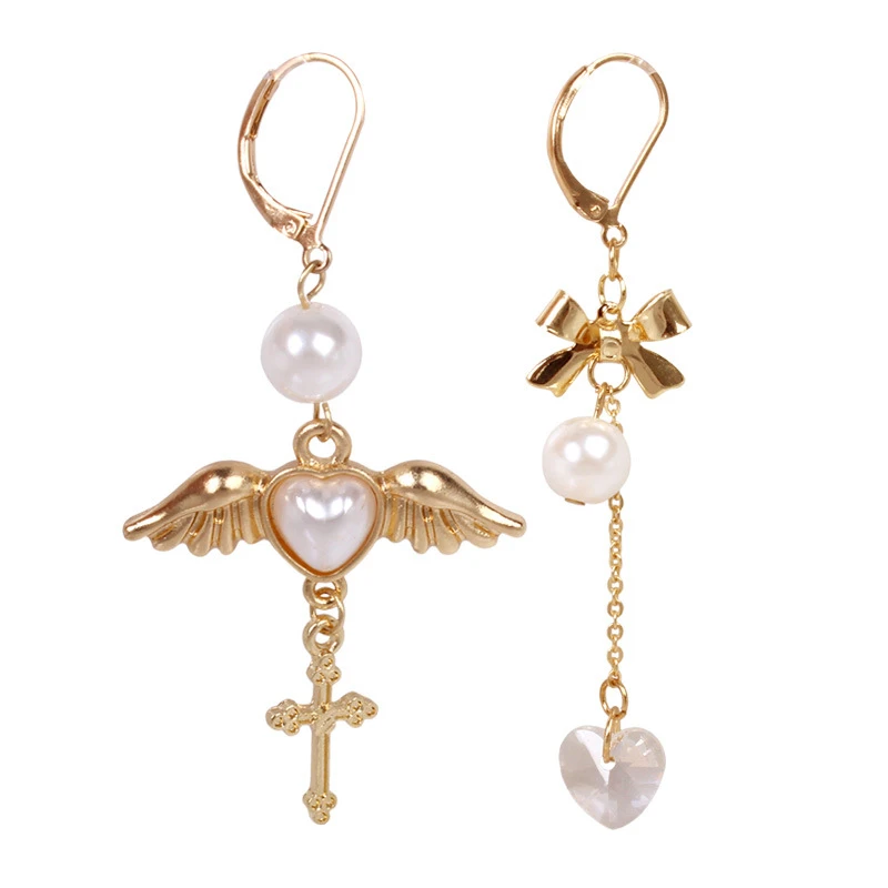 Factory Wholesale Japanese Angel Wings Heart Cross Crystal  Earrings