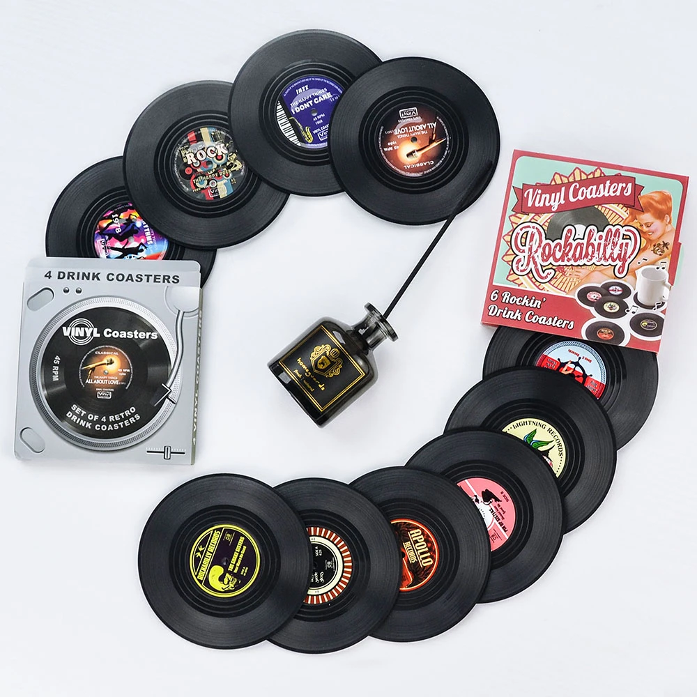 4 6 PCS Plastic Vinyl Record Coaster Cup Mat Black Retro Mug Coaster Pad Heat-resistant Non Slip Hot Drink Holder Home Decor