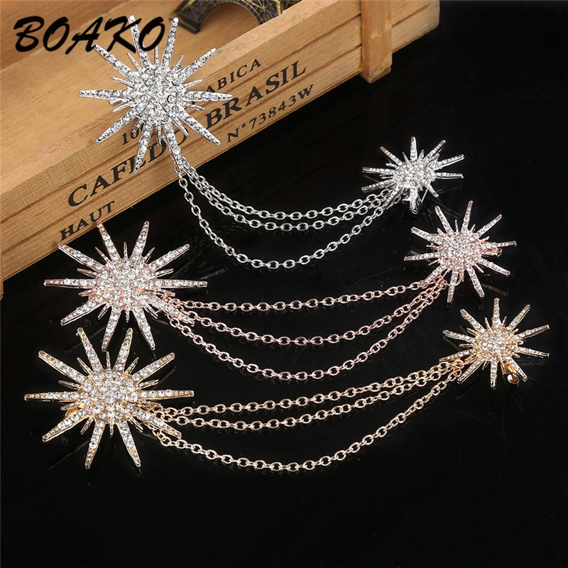 BOAKO Shining Crystal Snowflake Double Chain Tassels Brooch Women's Alloy Rhinestones Scarf Buckle Collar Pins Brooch Clip Badge