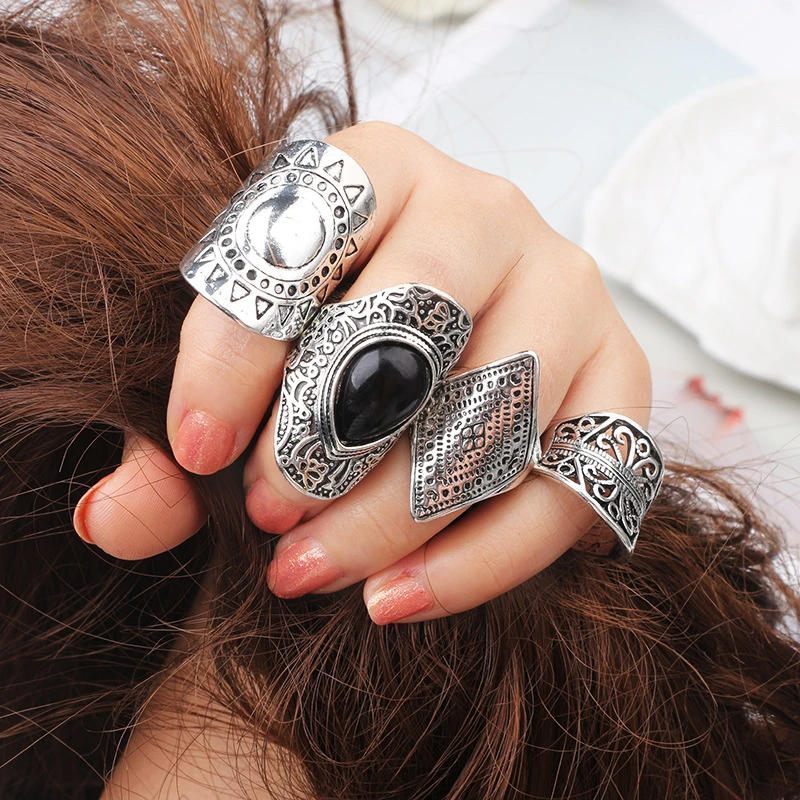 4PCS/Set Vintage Turkish Beach Punk Resin Beads Ring Set Ethnic Carved Silver Plated Boho Midi Finger Ring Knuckle Charm anelli