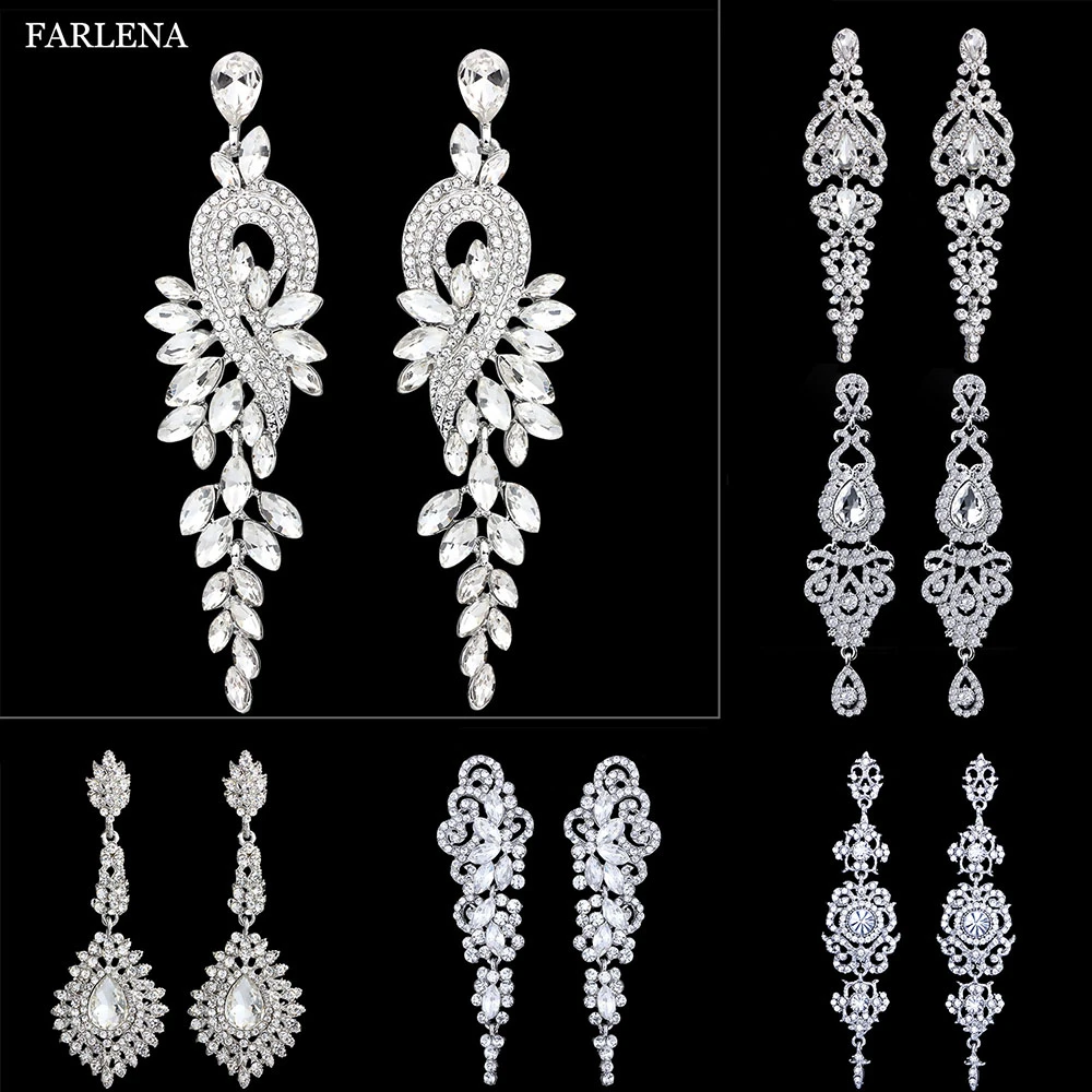 FARLENA Wedding Jewelry Korean Clear Crystal Rhinestones long drop Earrings for Women Fashion Bridal Earrings