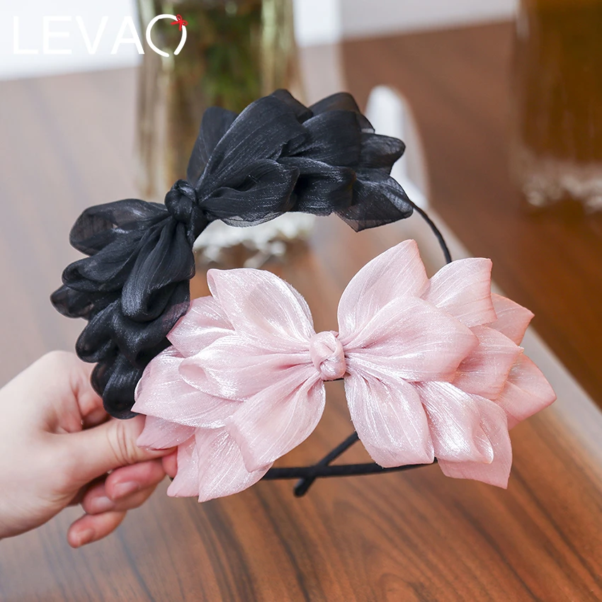 Levao Hot Ribbon Big Bow Floral Shining Hair Band Womens Hair Accessories Hair Hoop Black Pink Girls Flower Lace Bow Head Band