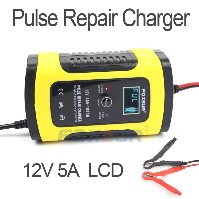 FOXSUR 12V 5A Pulse Repair Charger with LCD Display, Motorcycle & Car Battery Charger, 12V AGM GEL WET Lead Acid Battery Charger