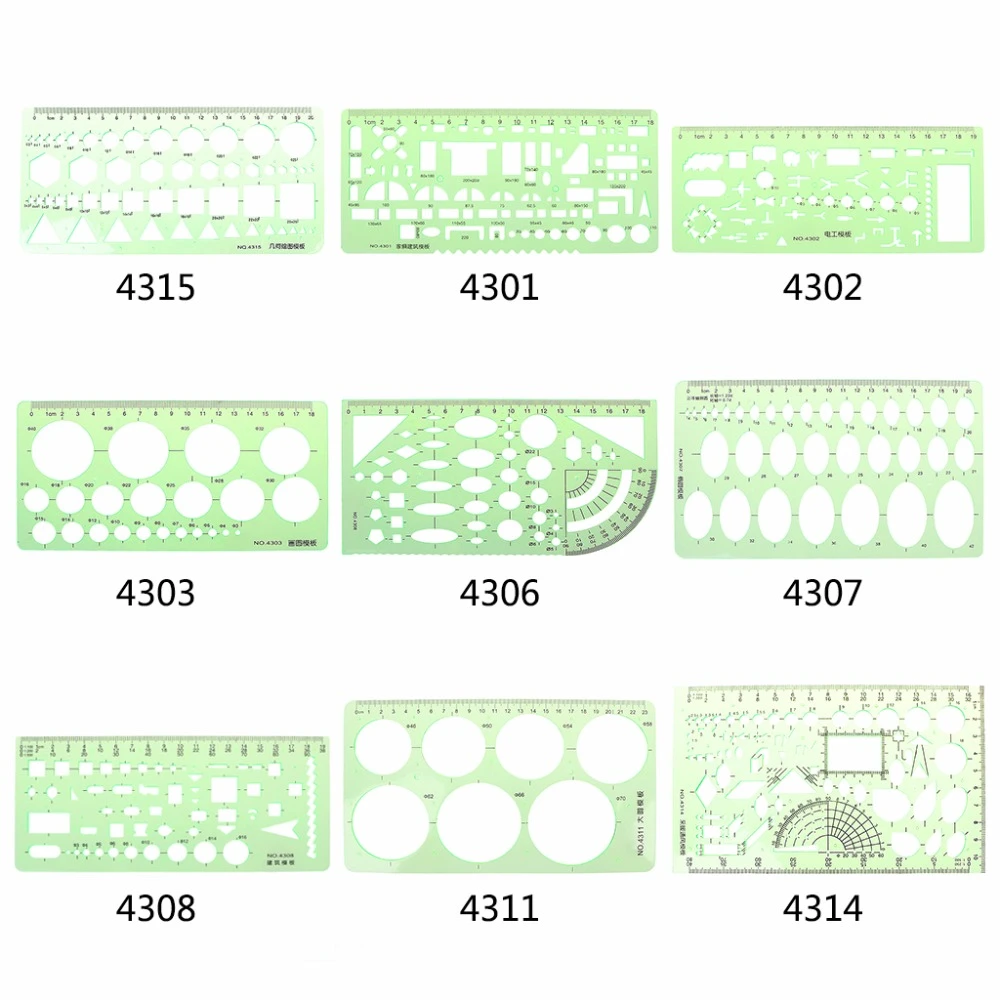 18 Styles rulers  Green Plastic Circles Geometric Template Ruler Stencil Measuring Tool Stationery Students Drawing Curve Ruler