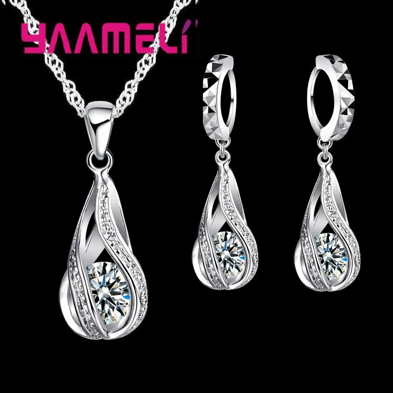 11.11 SALE Hot Water Drop CZ 925 Sterling Silver Jewelry Set For Women Pendant Necklace Hoop Earring Wedding Party Ceremoey Anel