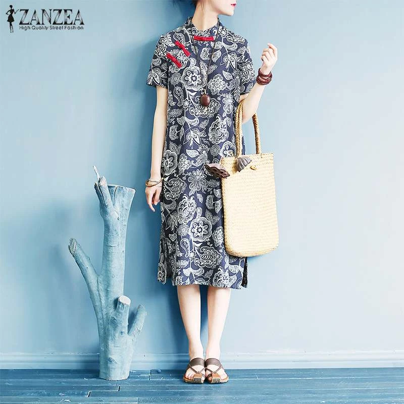 ZANZEA Women's Stand Collar Buttons Cheongsam Dress Summer Traditional Chinese Dress Vintage Floral Printed Sundress Vestido