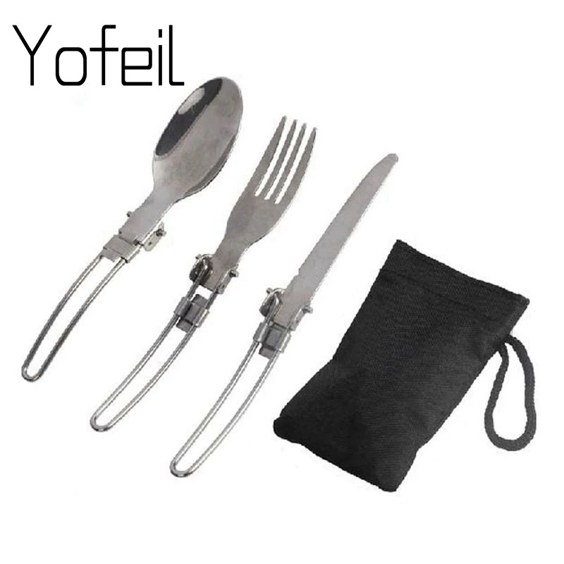 Yofeil Outdoor Camping Picnic Tableware Stainless Steel Portable Folding Spoon Fork Camping Cooking picnic set