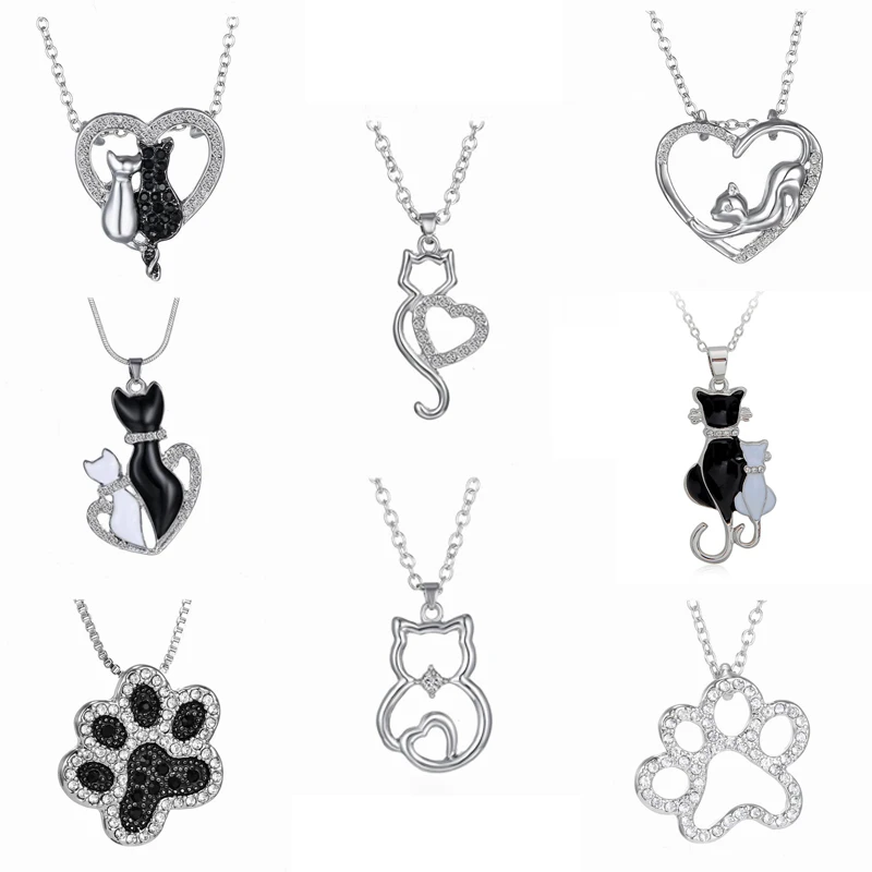 Cute Cat Pendant Necklace Heart Shaped Lover Crystal Rhinestone Black and White Paw Pet Necklace Valentine's Day BFF Jewelry