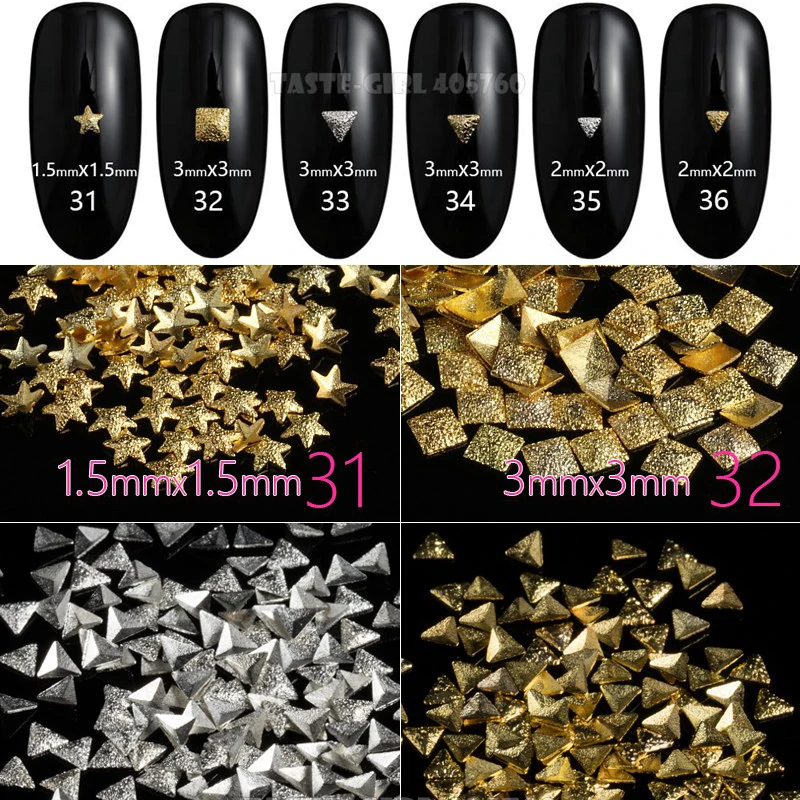 500PCS/PACK Frosted Silver Gold 3D Rectangle Triagnle Square Star Heart Oval Drop Metal Studs Nail Art Gems Rivets Decorations