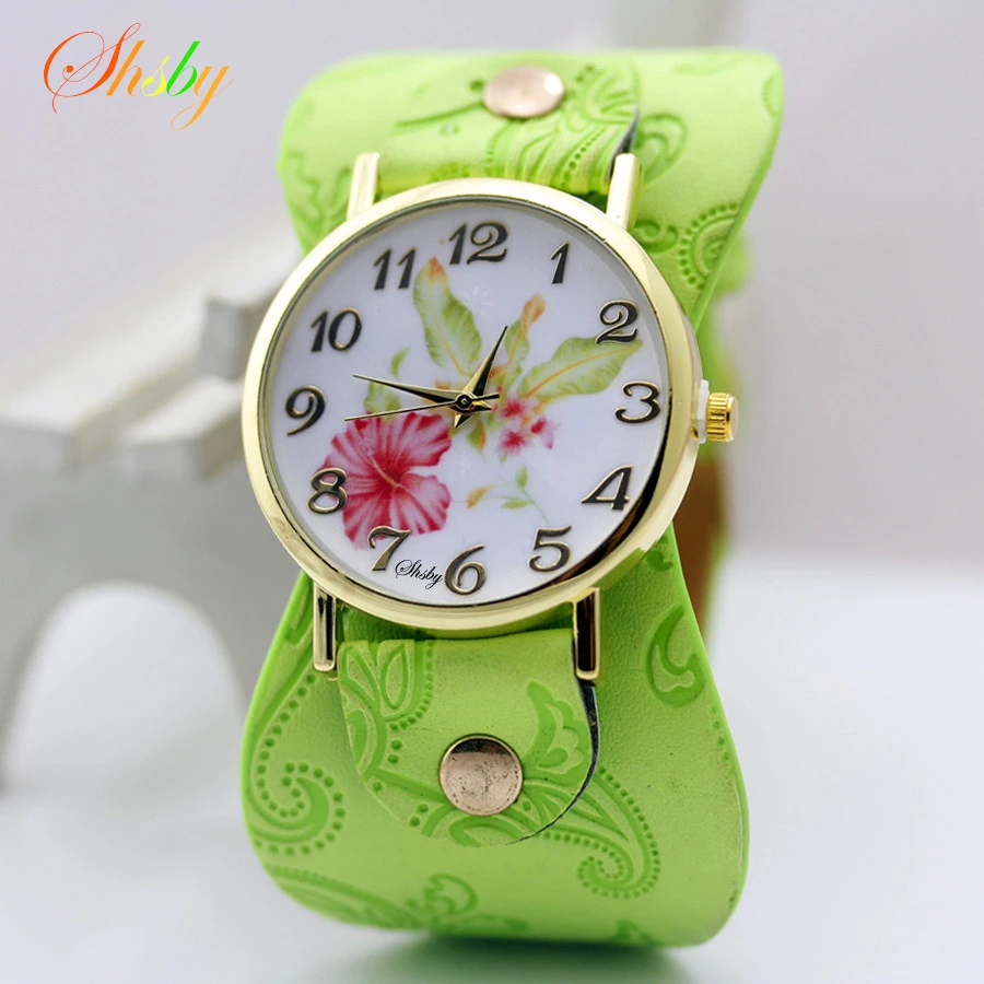 shsby New Arrival Printed leather Bracelet Wristwatch Wide band Dress Watch with flowers Fashion Women Casual Watch girl's gift