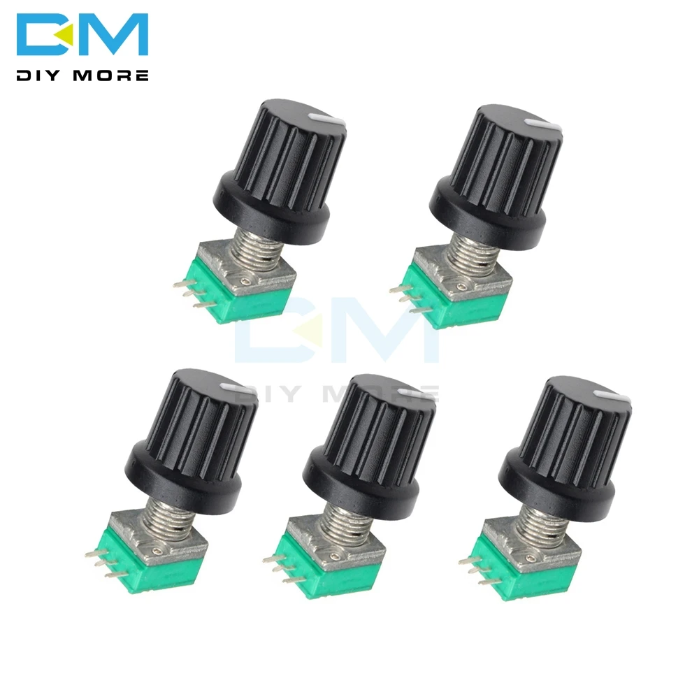 5PCS 6mm 3 pin Knurled Shaft Single Linear B Type B5K B10K B20K B50K B100K B500K ohm Rotary Potentiometer Knob Cap Black 3PIN 3P