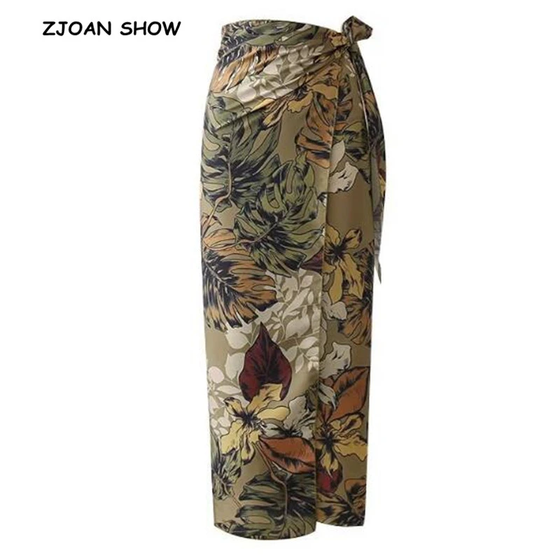 Sexy Flower Leaves Print Bow Tie Sashes Wrap Skirt Vintage Women High Waist Slim Fit Mid-Calf Long Pencil Skirts Holiday