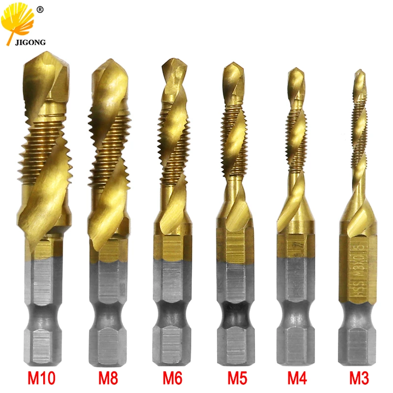 6Pcs M3-M10 Hex Shank Titanium Plated HSS Screw Thread Metric Tap Drill Bits