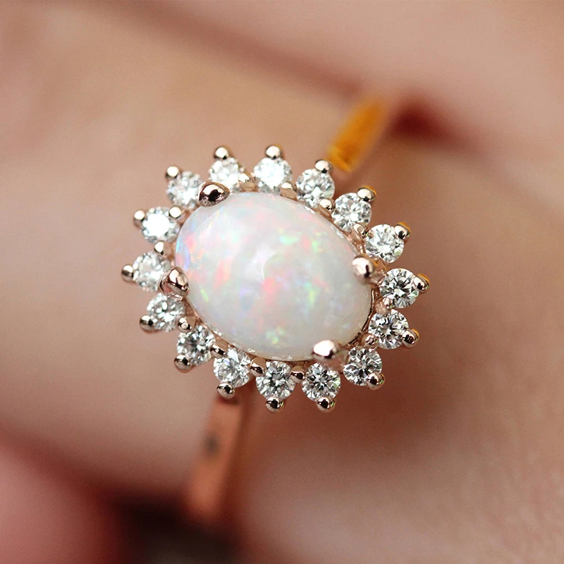 ZHOUYANG Rings For Women Egg-Shaped Opal & CZ  Rose Gold Color  Wedding Engagement Ring Fashion Jewelry For Gift KCR237