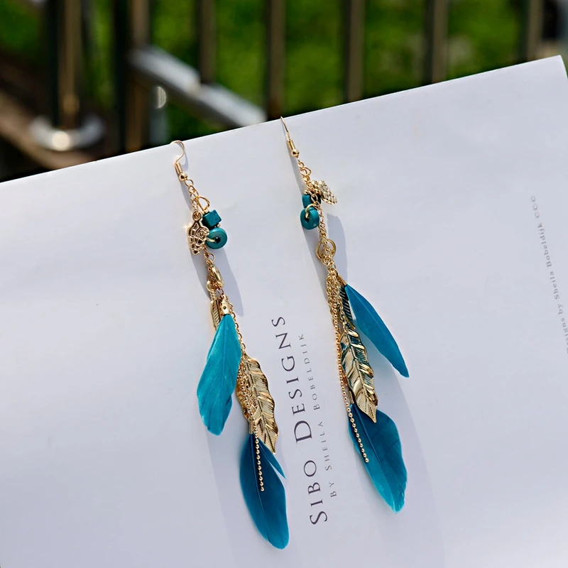 Bohemian Gold Long Alloy Tassel Earrings Women Kolczyki Vintage Wood Beads Feather Statement Earrings Fashion Jewelry 2019