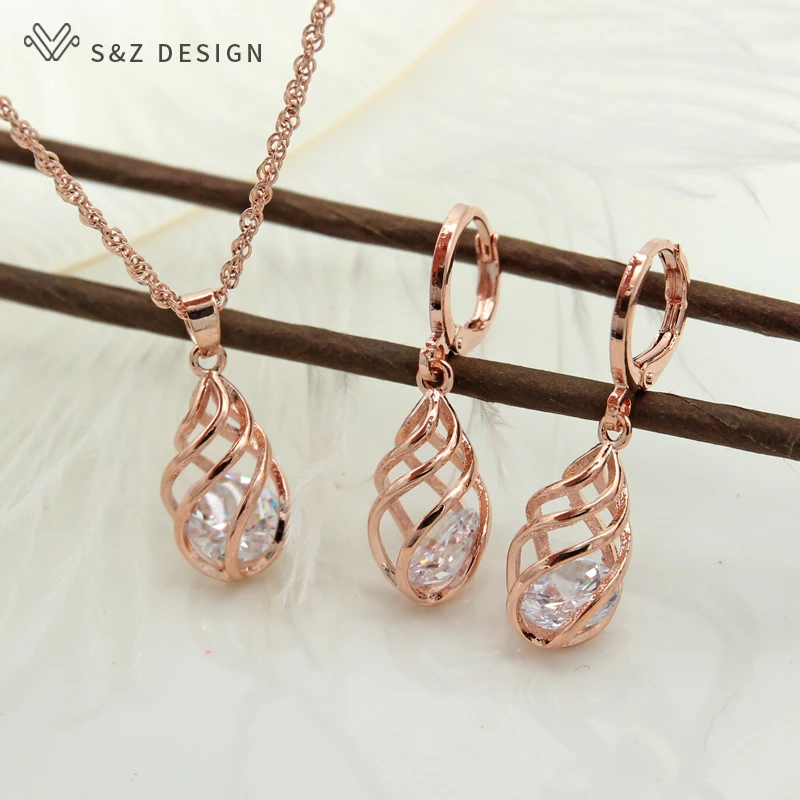 S&Z Spiral Hollow Water Drop Dangle Drop Zircon Earrings 585 Rose Gold Color Jewelry Set For Women Gift Anti-allergy Eardrop