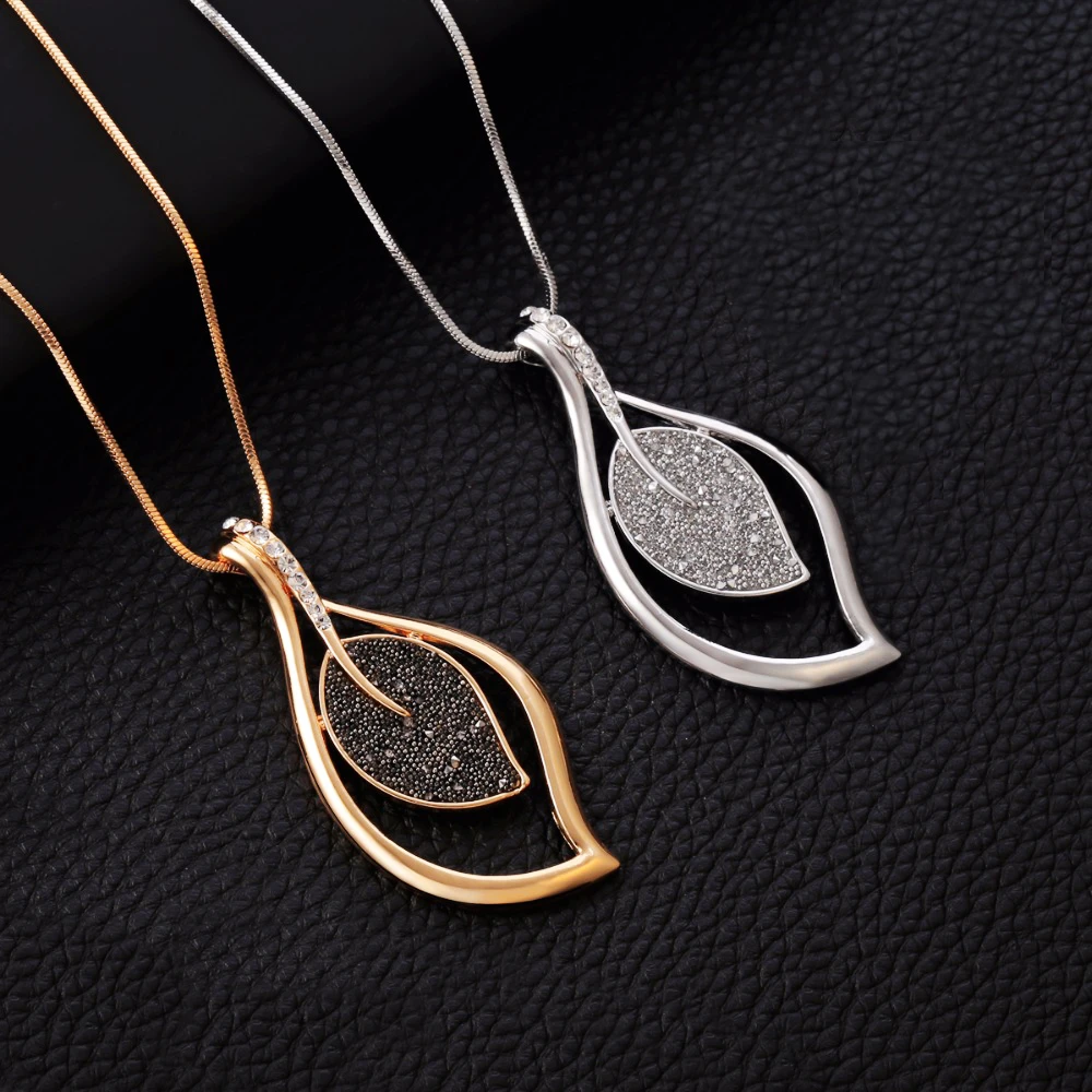 2020  New Leaf Necklaces For Women Female Long Necklace Black Crystal Gold Silvery Pendant Sweater Chain Trendy Jewelry Gift