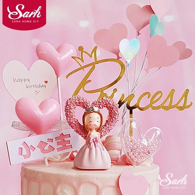 Pink Bow Heart Princess Decoration Silver Crown Happy Birthday Cake Topper for Children's Day Party Wedding Supplies Lovely Gift