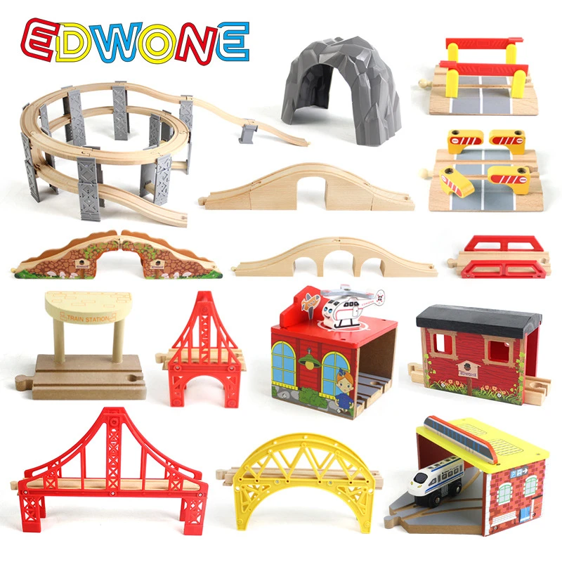 EDWONE Wooden Track Railway Bridge Accessories Educational Toys Tunnel Cross Bridge Compatible all Wood Track  Biro