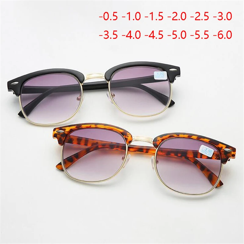 -0.5 -1 -1.5 -2 -2.5 -3 -3.5 -4 -4.5 -6 Half Frame Finished Myopia Sunglasses Men Women Retro Myopia Eyeglasses Light Gray Lens